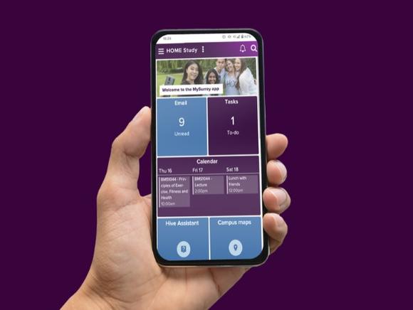 Phone, MySurrey App, purple background