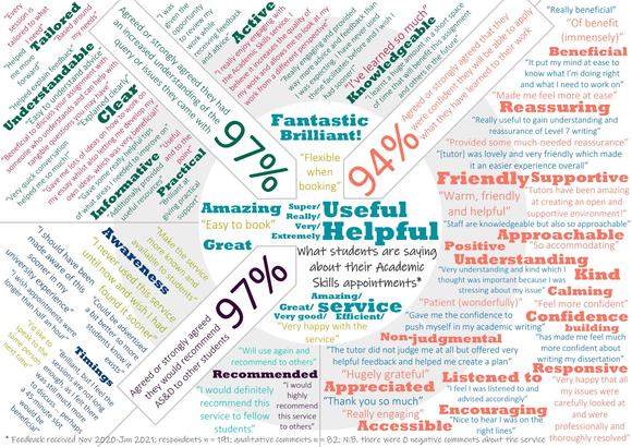 Word cloud graphic showing the really positive comments we received from our students about their online appointments