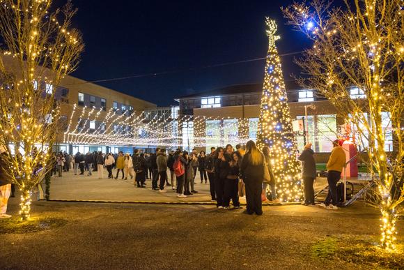 A photo of the piazza with the festive lights. Lots of people are stood around and under them socialising