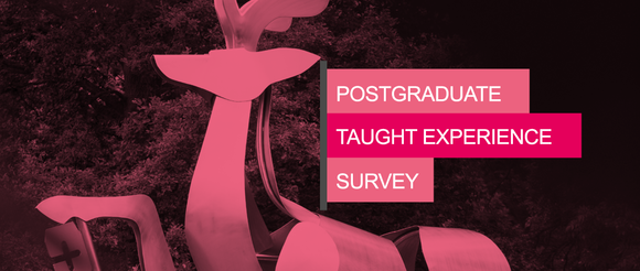 Postgraduate Taught Experience Survey. The PTES logo is overlayed on a picture of the stag statue