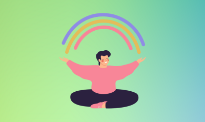 Person with rainbow above head to represent a feeling of wellness 