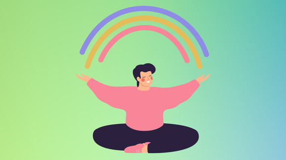 Illustration of person sat down with a rainbow shining over their head